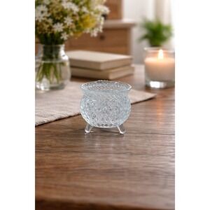 Vintage Cut Glass Footed Bowl 3x3 Diamond Pattern Trinket Dish